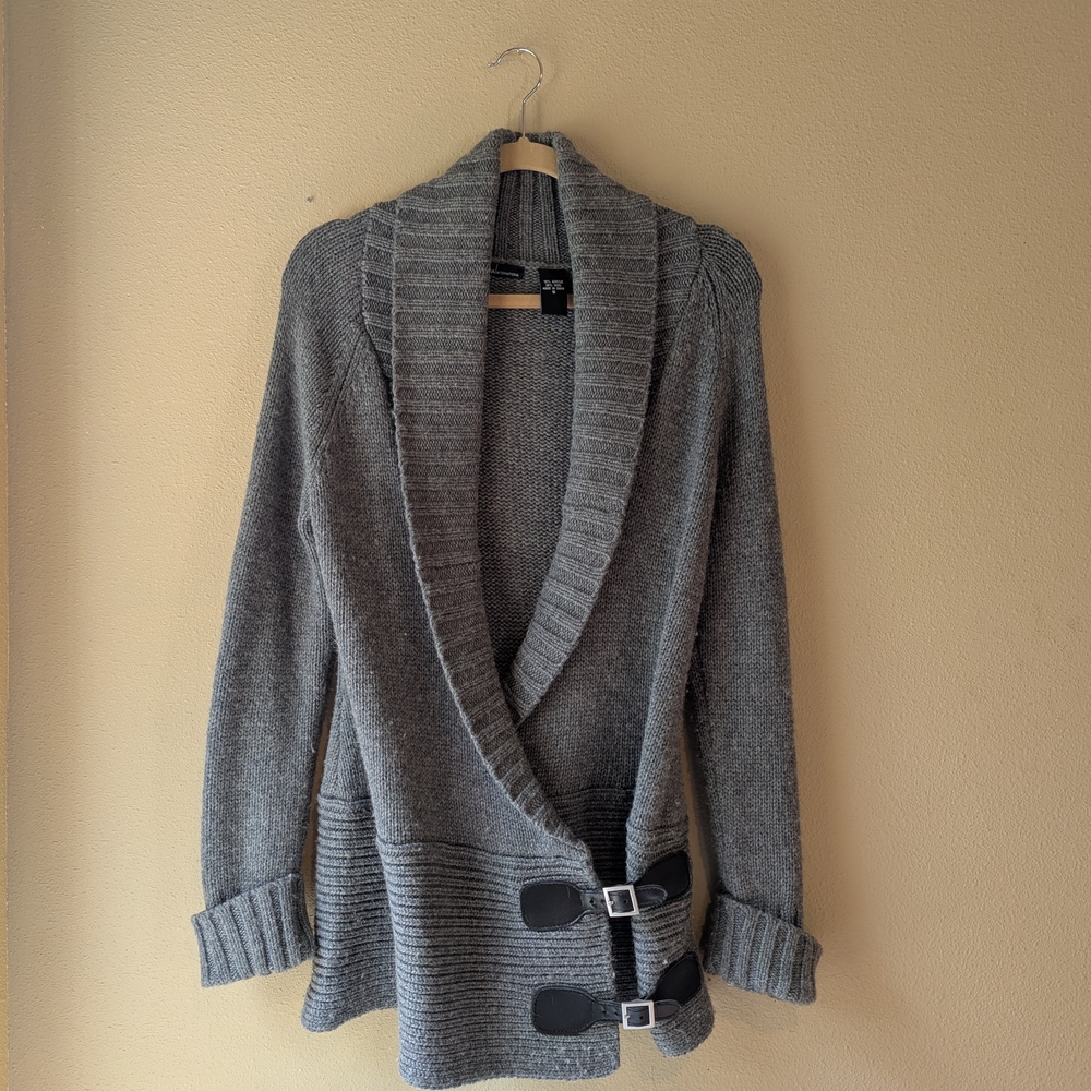 Moda International Gray Cardigan Sweater with Shawl Collar & Buckle Detail